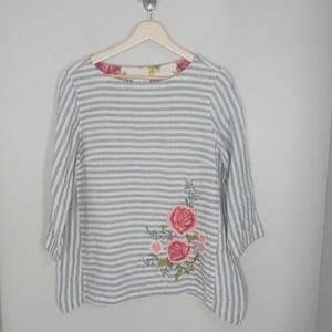 J. Jill Linen Floral Embroidered Striped Tunic Top Women's Size M Summer